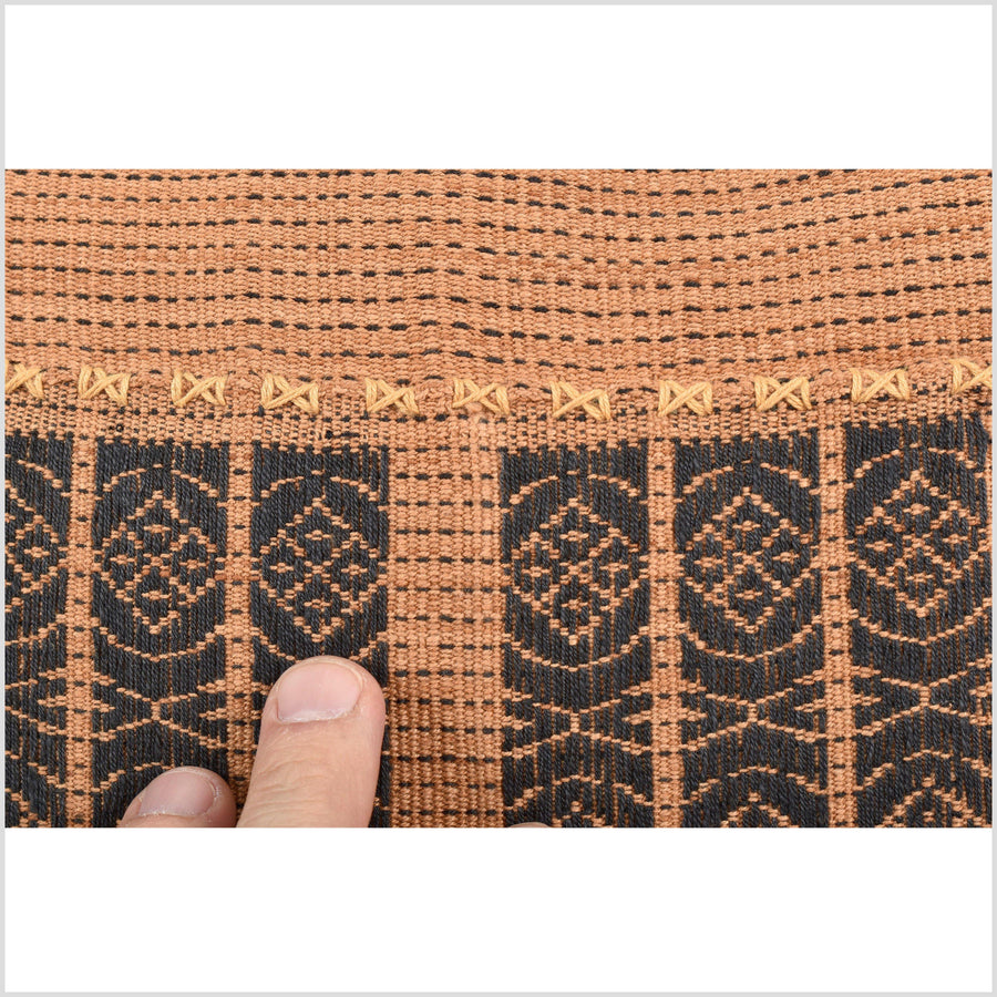 Hmong Chin tribal 22 in. square cushion, handwoven hemp cotton, golden yellow ocher, black stitching and geometric pattern, hand sewing QQ17