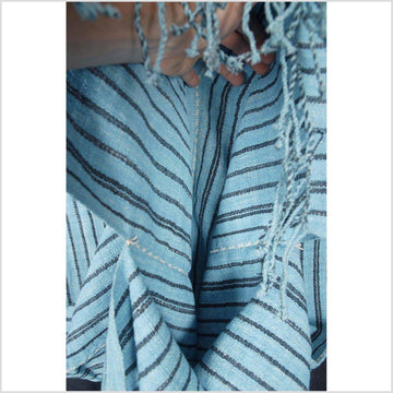 Hmong boho fabric ethnic tribal textile Thailand throw fabric natural dye color turquoise gray blue stripe Karen pillow cotton cloth CB58