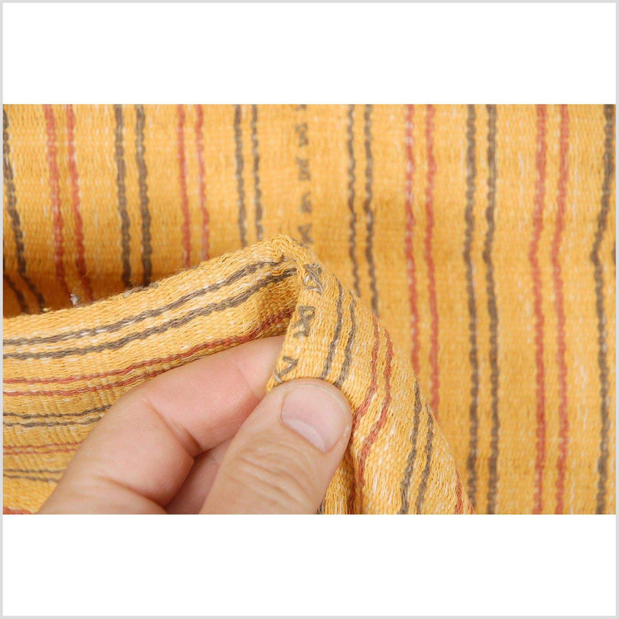 Hmong boho fabric ethnic tribal textile Thailand throw fabric natural dye color yellow gold brown pink stripe Karen pillow cotton cloth CV85