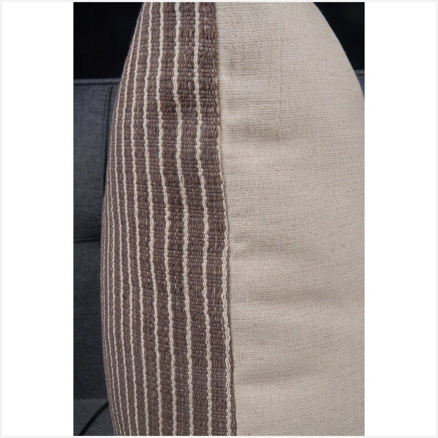 Hmong ethnic stripe cushion, neutral color tribal 20 inch square pillowcase, handwoven cotton dusty brown, white, natural organic dye BN12
