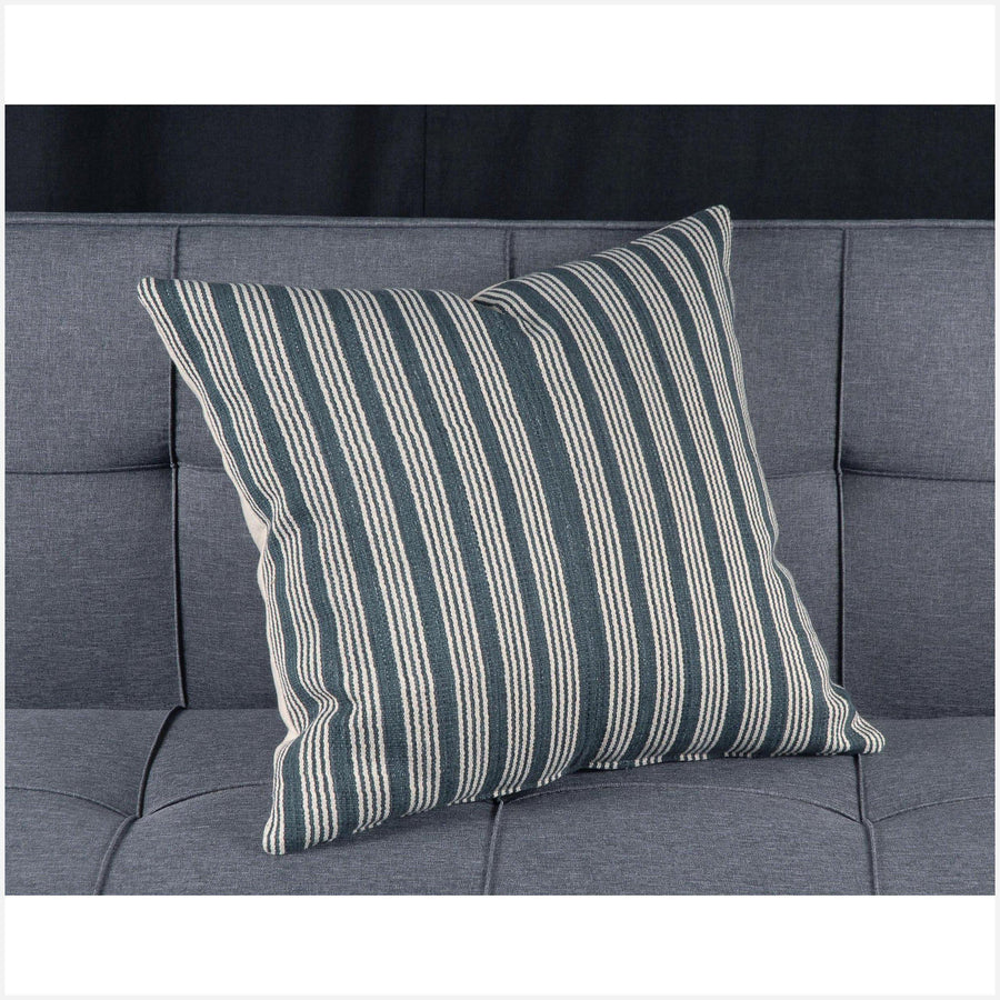 Hmong fabric Karen ethnic throw cushion tribal decorative square pillow 21 inch handwoven cotton neutral gray white stripe natural dye SD17
