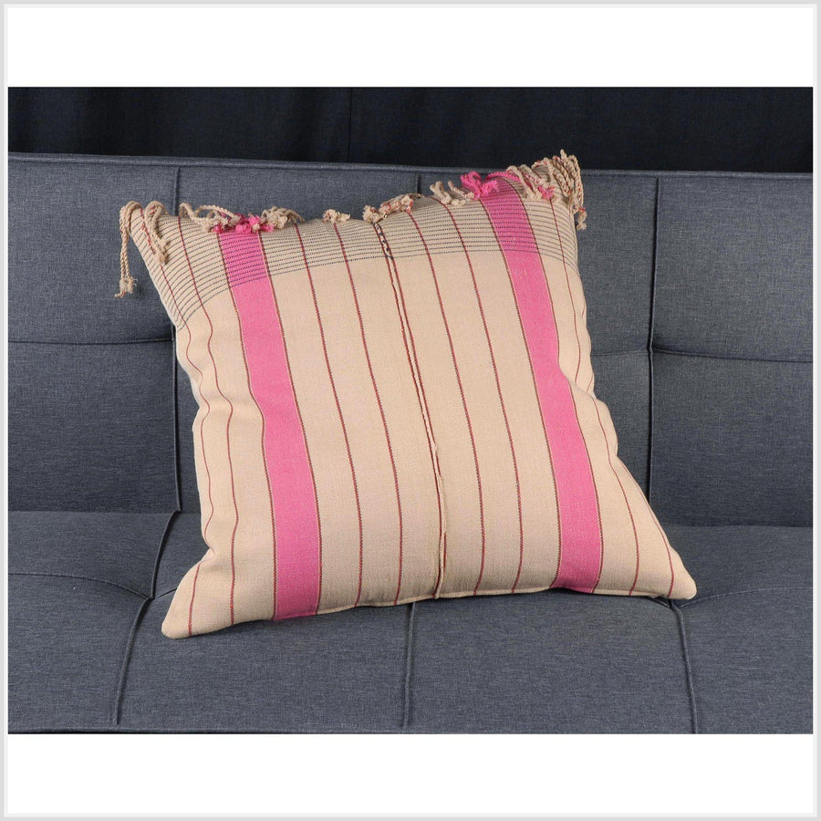 Hmong fabric Karen ethnic throw cushion tribal decorative square pillow 23 inch handwoven cotton beige pink black gray natural dye SD52