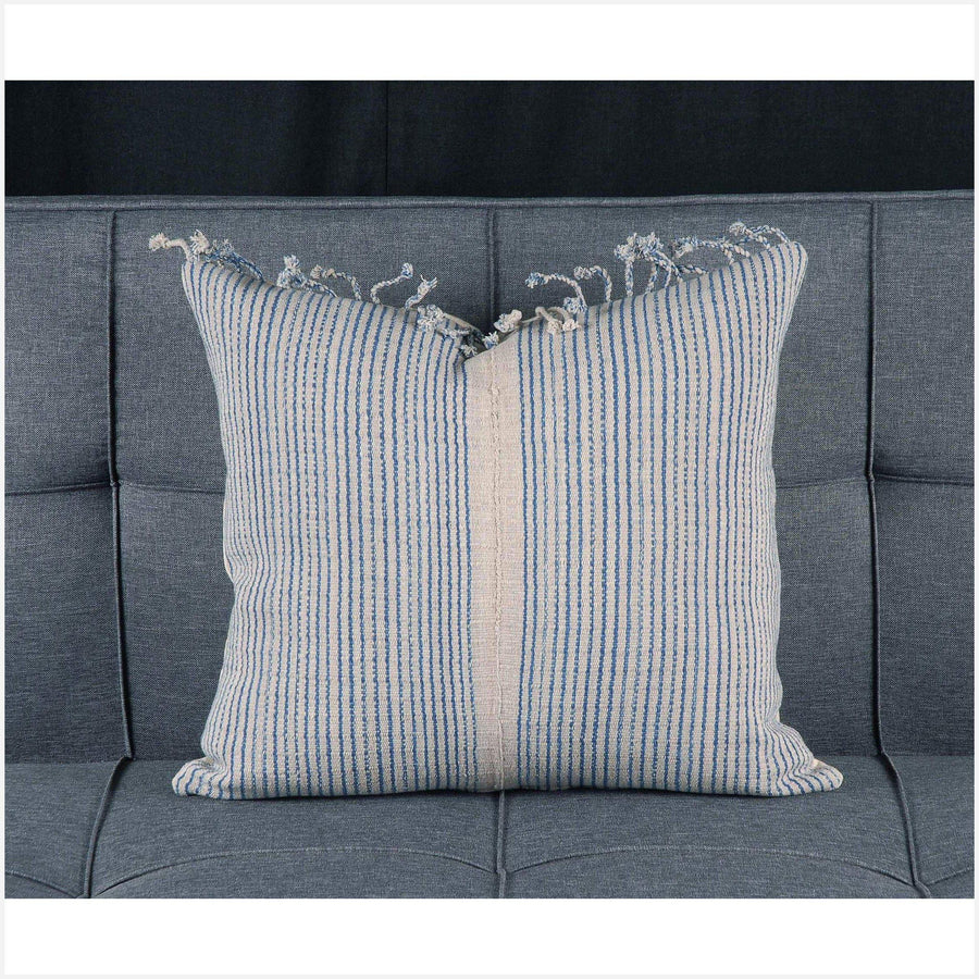 Hmong fabric Karen ethnic throw cushion tribal square pillow 18x20 lumbar handwoven cotton neutral gray blue stripe natural organic dye SD29