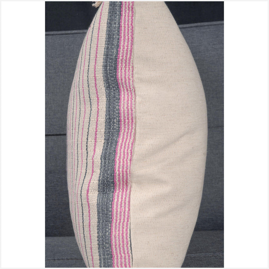 Hmong pillow Karen ethnic stripe cushion tribal decorative square pillow handwoven cotton off-white cream pink gray natural organic dye CF18