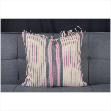 Hmong pillow Karen ethnic stripe cushion tribal decorative square pillow handwoven cotton off-white cream pink gray natural organic dye CF18
