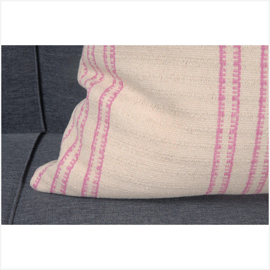 Hmong pillow Karen ethnic stripe cushion tribal decorative square pillow handwoven cotton off-white cream pink natural organic dye CF21