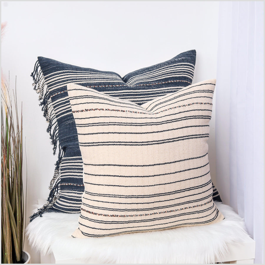 Home Decor Throw Pillow 18 inch Square, Karen Tribal Pillow, Warm Off-White Black Stripe Organic Dye Handwoven Cotton Minimalist Style YY57