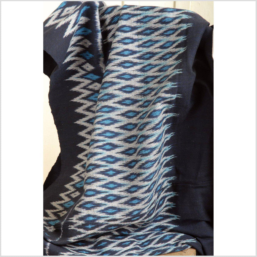 Ikat indigo handwoven ethnic cotton textile, ethnic pattern blanket, dark blue matmii fabric from Laos Thailand Southeast Asia 7 APR28