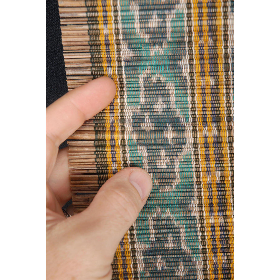 Ikat table runner green white yellow brown bamboo and cotton Java, Indonesia tapestry home decor wall art footer table mat fabric supply CF4