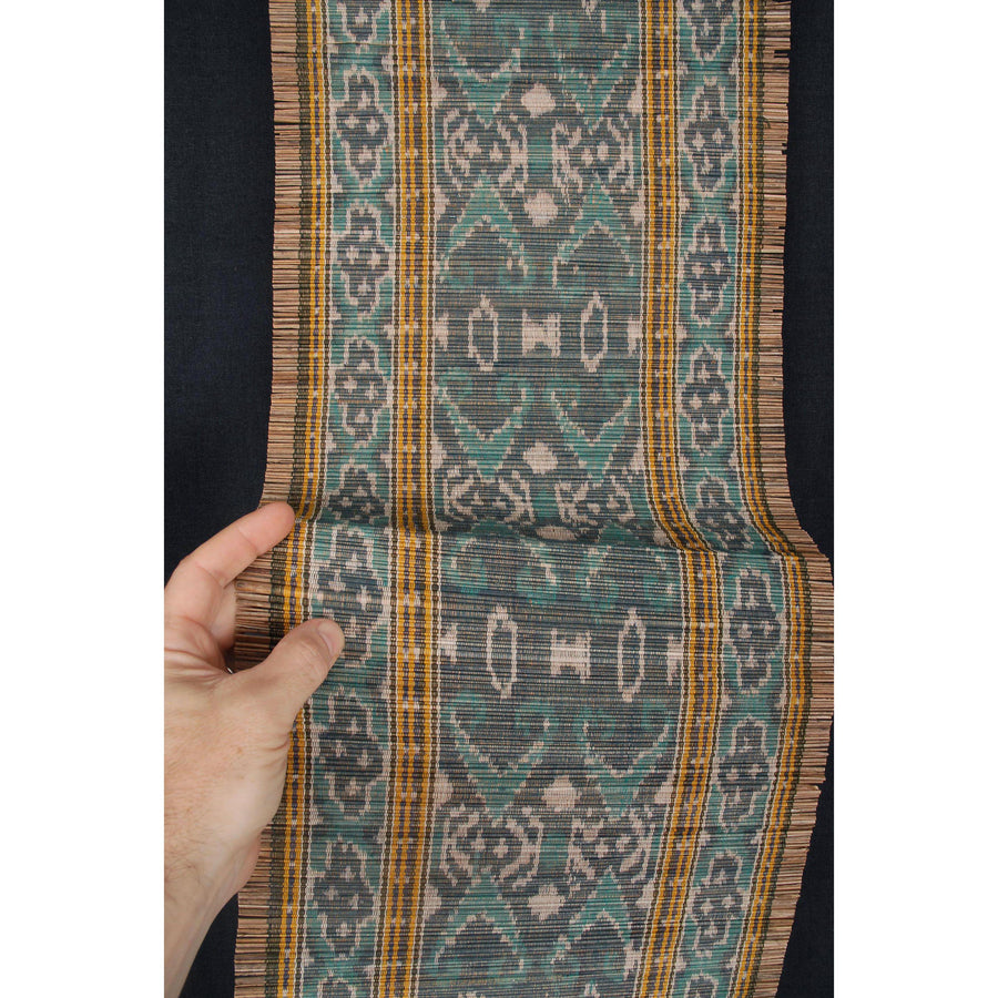 Ikat table runner green white yellow brown bamboo and cotton Java, Indonesia tapestry home decor wall art footer table mat fabric supply CF4