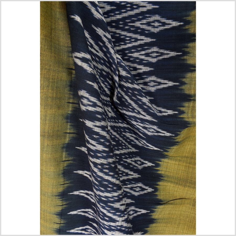 Ikat tribal tapestry, ethnic dark indigo blue & golden yellow runner, Laos Tai Lue boho home decor, handwoven cotton skirt sarong Asian fabric OB8