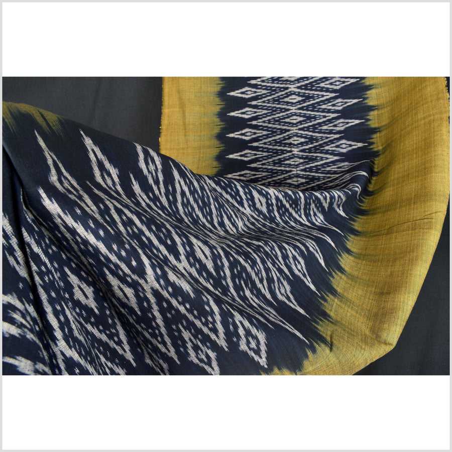 Ikat tribal tapestry, ethnic dark indigo blue & golden yellow runner, Laos Tai Lue boho home decor, handwoven cotton skirt sarong Asian fabric OB8