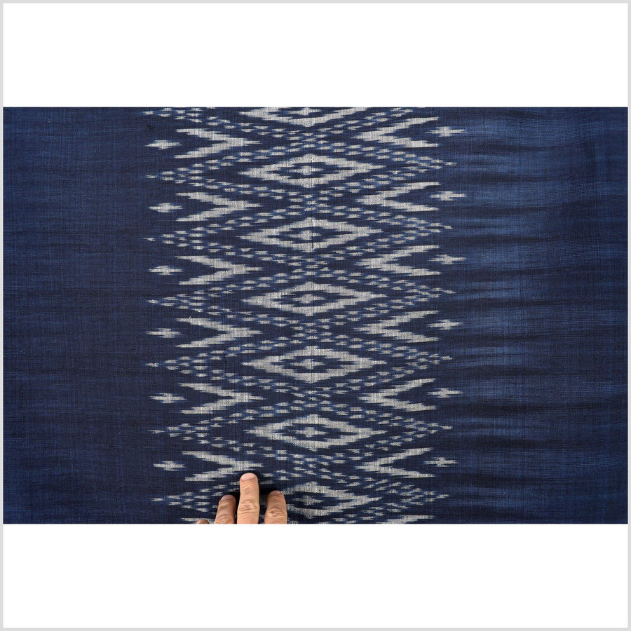 Ikat tribal tapestry, ethnic dark indigo blue & gray runner, Laos Tai Lue boho home decor, handwoven cotton skirt sarong Asian fabric OB10