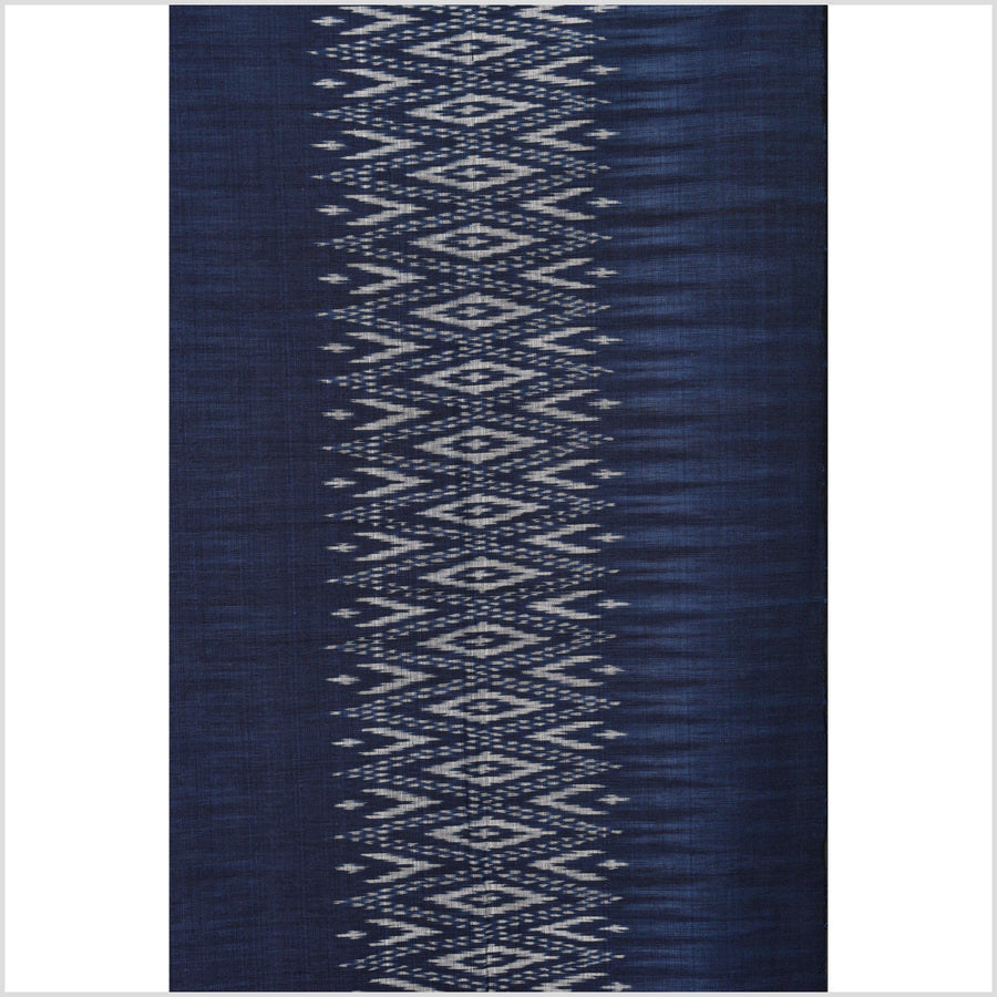 Ikat tribal tapestry, ethnic dark indigo blue & gray runner, Laos Tai Lue boho home decor, handwoven cotton skirt sarong Asian fabric OB10