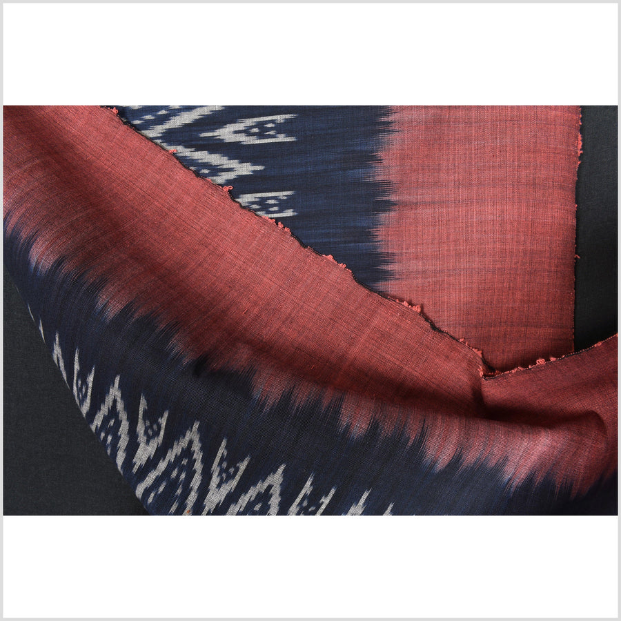 Ikat tribal tapestry, ethnic dark indigo blue & red runner, Laos Tai Lue boho home decor, handwoven cotton skirt sarong Asian fabric OB7