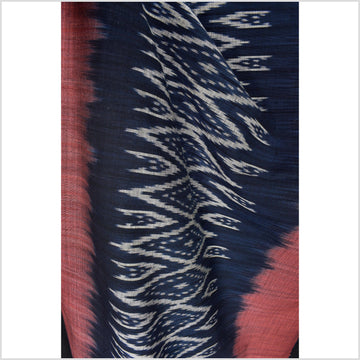 Ikat tribal tapestry, ethnic dark indigo blue & red runner, Laos Tai Lue boho home decor, handwoven cotton skirt sarong Asian fabric OB7