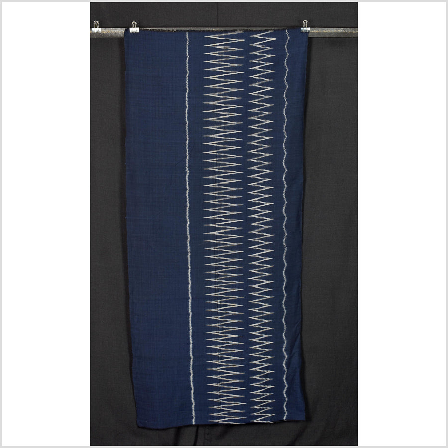 Ikat tribal tapestry, ethnic dark indigo blue runner, Laos Tai Lue boho home decor, handwoven cotton skirt sarong Asian fabric RB111