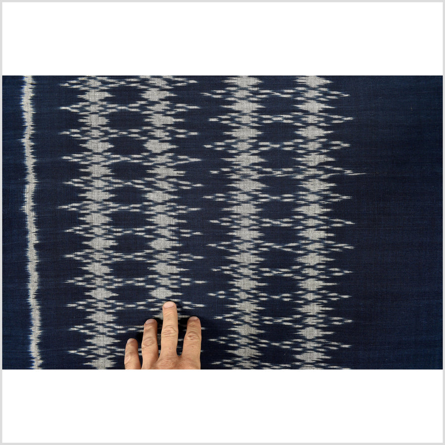 Ikat tribal tapestry, ethnic dark indigo blue runner, Laos Tai Lue boho home decor, handwoven cotton skirt sarong Asian fabric RB112