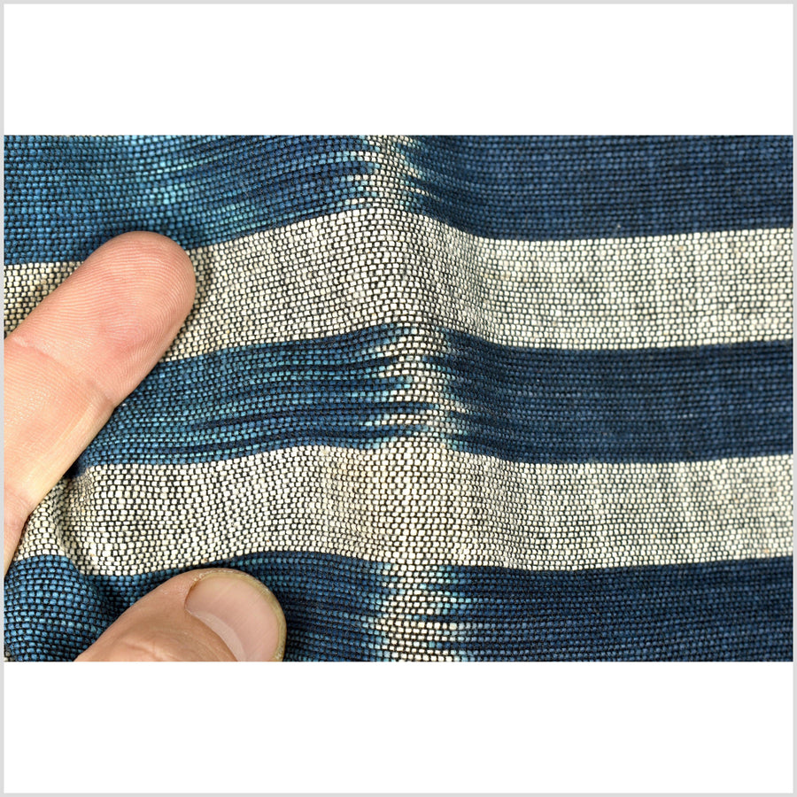 Ikat tribal tapestry, ethnic indigo and cobalt blue & gray striped runner, Laos Tai Lue boho home decor, handwoven cotton skirt sarong Asian fabric OB12