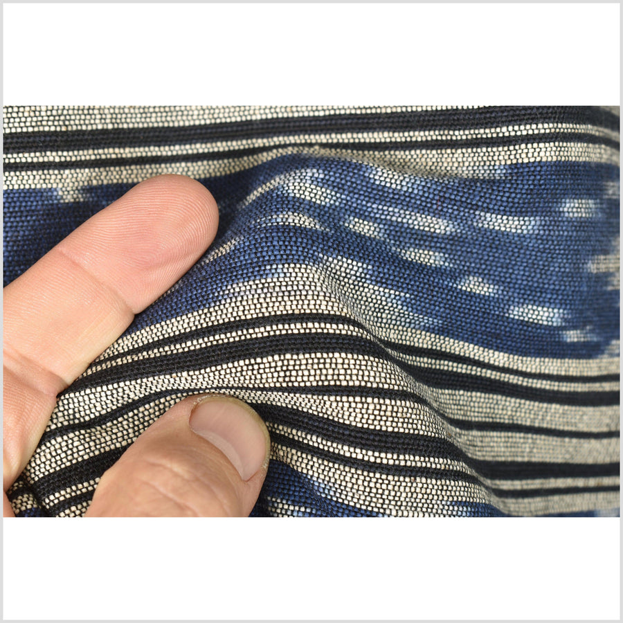 Ikat tribal tapestry, ethnic indigo blue, black & gray striped runner, Laos Tai Lue boho home decor, handwoven cotton skirt sarong Asian fabric OB11