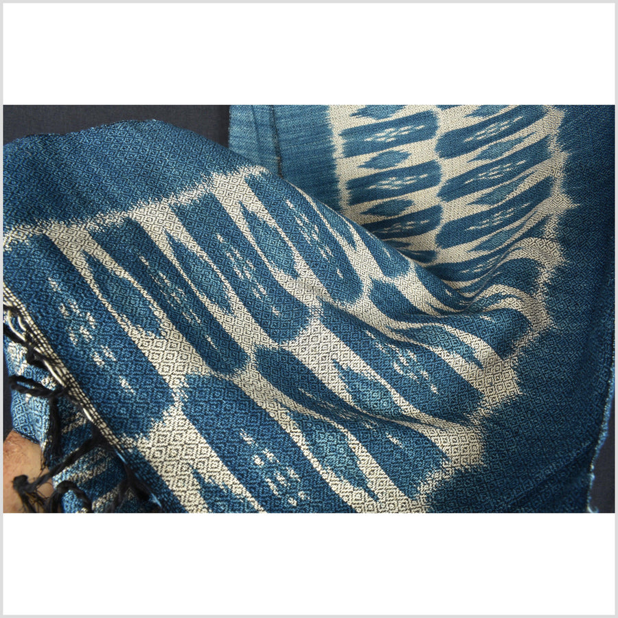Ikat tribal tapestry runner scarf, ethnic indigo blue gray black, rhombus Laos boho home decor, handwoven cotton Asian fabric RB110