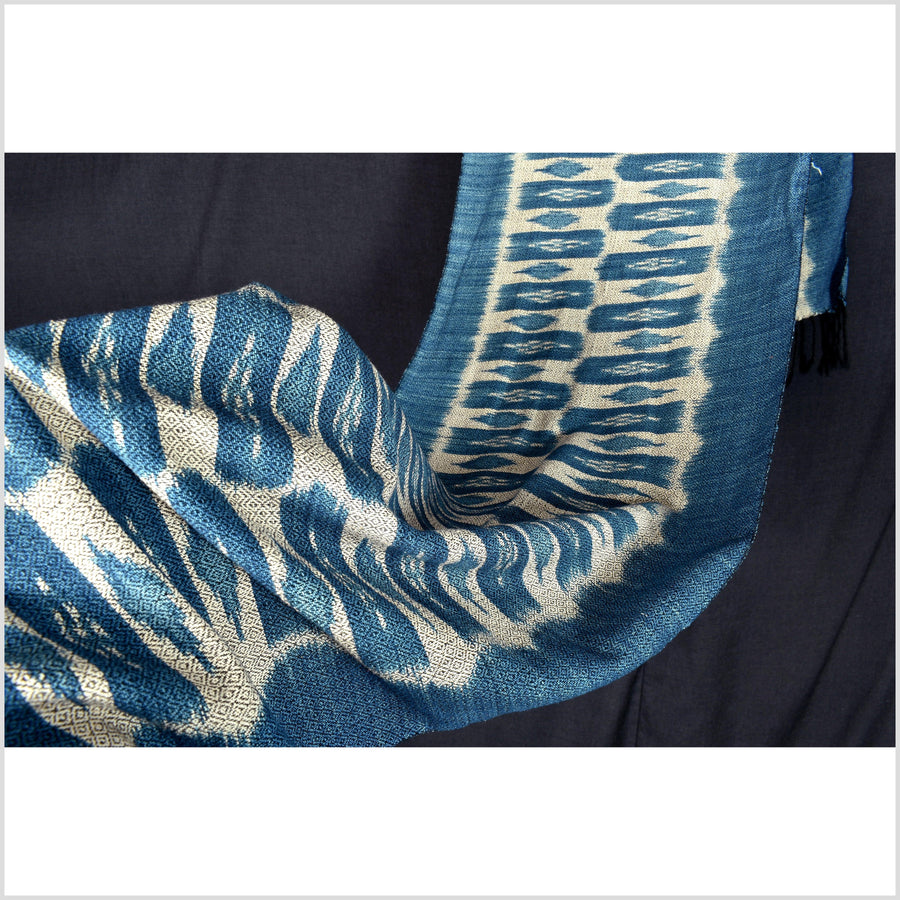 Ikat tribal tapestry runner scarf, ethnic indigo blue gray black, rhombus Laos boho home decor, handwoven cotton Asian fabric RB110