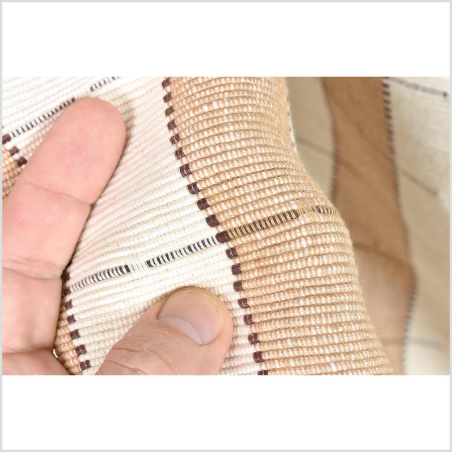 Ivory, tan, brown, checkerboard stripe cotton fabric with extreme texture, heavy-weight, Thai woven material per yard PHA239