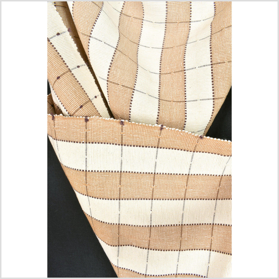 Ivory, tan, brown, checkerboard stripe cotton fabric with extreme texture, heavy-weight, Thai woven material per yard PHA239