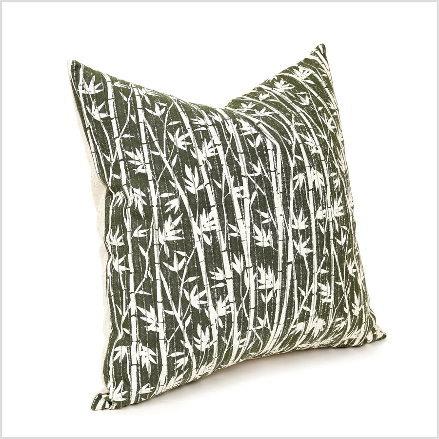 Jungle green & cream cotton throw pillow, handwoven bamboo print pattern fabric, 22 inch square bohemian textured decorative cushion YY93