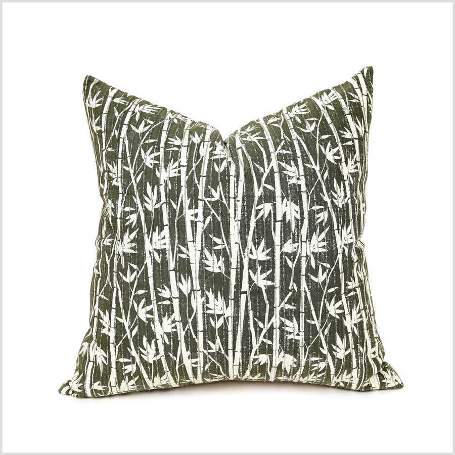 Jungle green & cream cotton throw pillow, handwoven bamboo print pattern fabric, 22 inch square bohemian textured decorative cushion YY93
