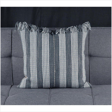 Karen Hmong fabric ethnic throw cushion tribal decorative square pillow 21 inch hand woven cotton neutral gray white blue natural dye SD2