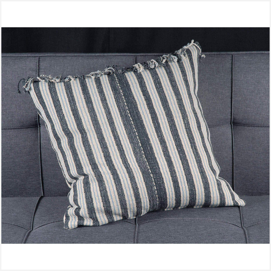 Karen Hmong fabric ethnic throw cushion tribal decorative square pillow 21 inch hand woven cotton neutral gray white blue natural dye SD3