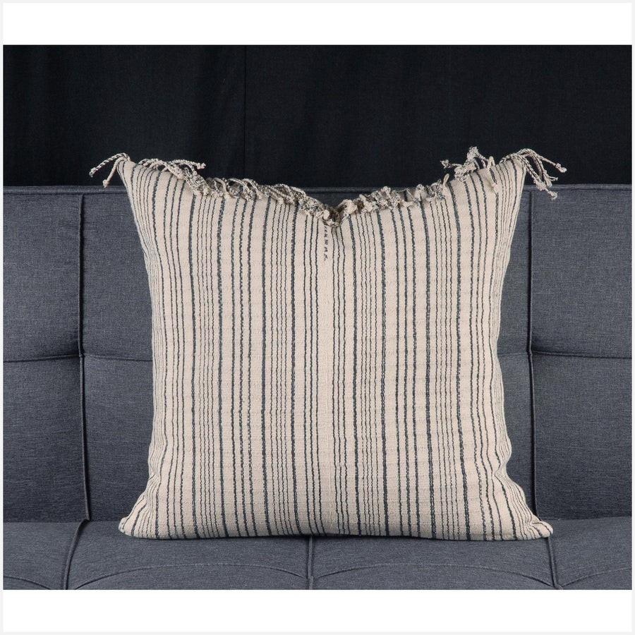 Karen Hmong fabric ethnic throw cushion tribal decorative square pillow 21 inch hand woven cotton neutral white gray stripe natural dye SD6