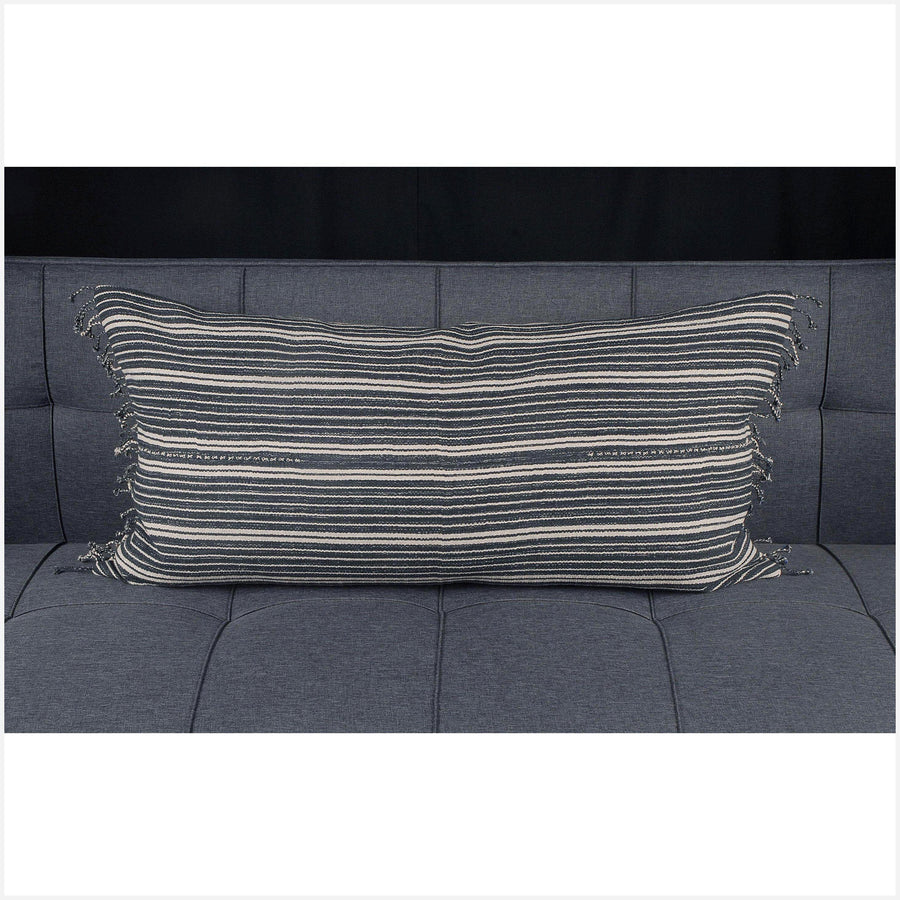 Karen Hmong textile long rectangle pillow 38 x 20 in. gray and cream organic dye stripe ethnic cotton cushion BN72