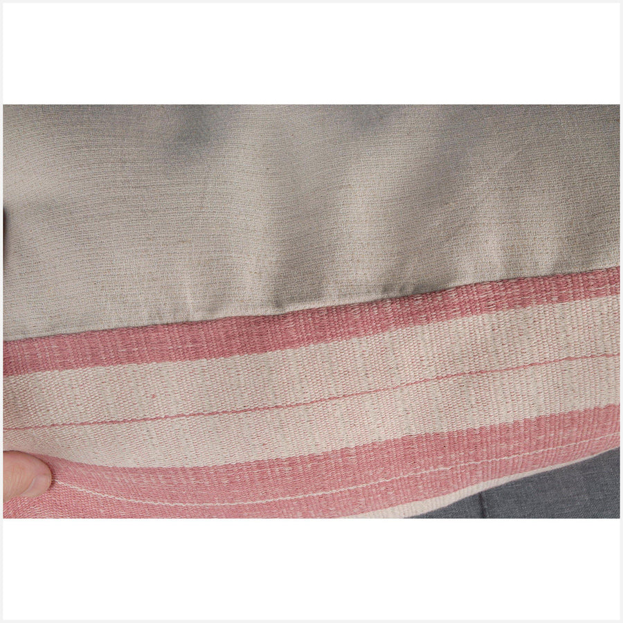 Karen Hmong textile long rectangle pillow 39 x 19 in. pink and cream organic dye stripe ethnic cotton cushion BN73