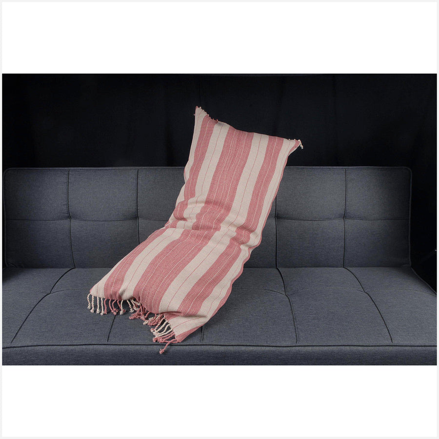 Karen Hmong textile long rectangle pillow 39 x 19 in. pink and cream organic dye stripe ethnic cotton cushion BN73