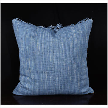 Karen ethnic cushion Hmong pillow tribal decorative 22 in. square, tasseled pillow, handwoven cotton, solid blue natural organic dye OO52
