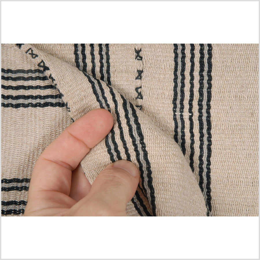 Karen ethnic hemp Hmong fabric handwoven neutral beige black gray tribal textile boho cloth hand stitching unbleached KL32