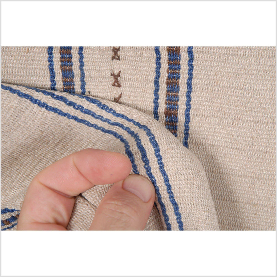 Karen ethnic hemp Hmong fabric handwoven neutral beige blue brown tribal textile boho cloth hand stitching unbleached KL46