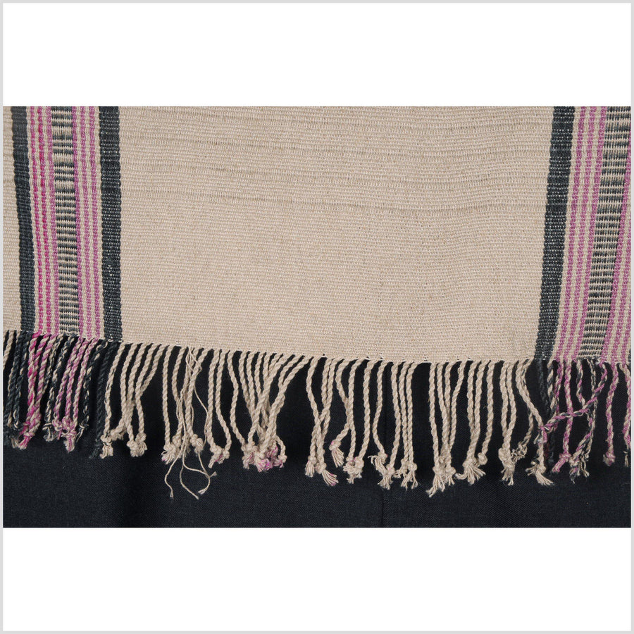 Karen ethnic hemp Hmong fabric handwoven runner neutral natural dye beige black pink gray stripe tribal ethnic boho cloth handmade unbleached textile CF96
