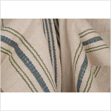 Karen ethnic hemp Hmong fabric handwoven runner neutral natural dye beige blue green stripe tribal ethnic boho cloth handmade unbleached textile CF101