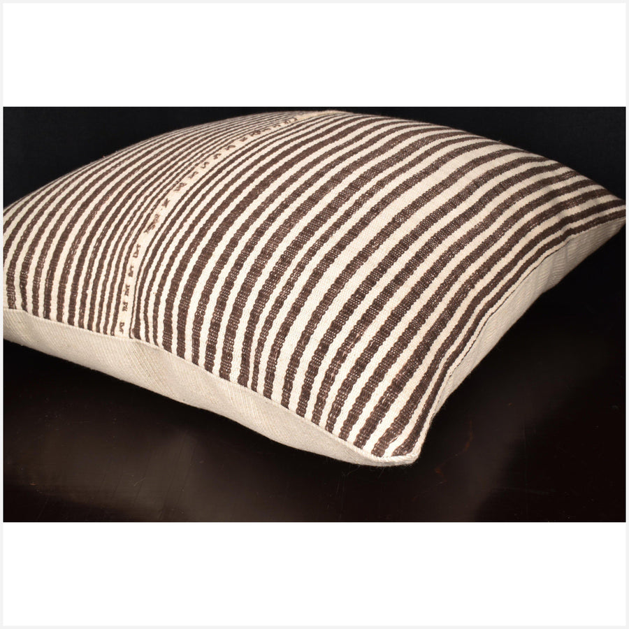Karen ethnic stripe cushion Hmong pillow tribal decorative 19 in. square, pillow handwoven cotton brown, off-white, striped natural organic dye OO49