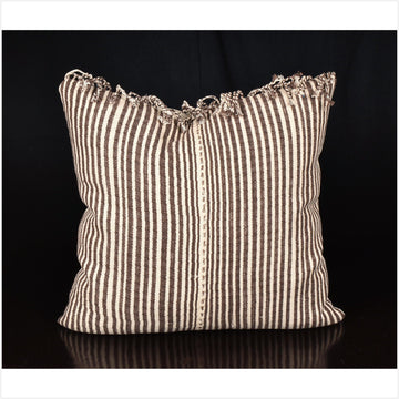 Karen ethnic stripe cushion Hmong pillow tribal decorative 19 in. square, tasseled, pillow handwoven cotton brown, off-white, striped natural organic dye OO39