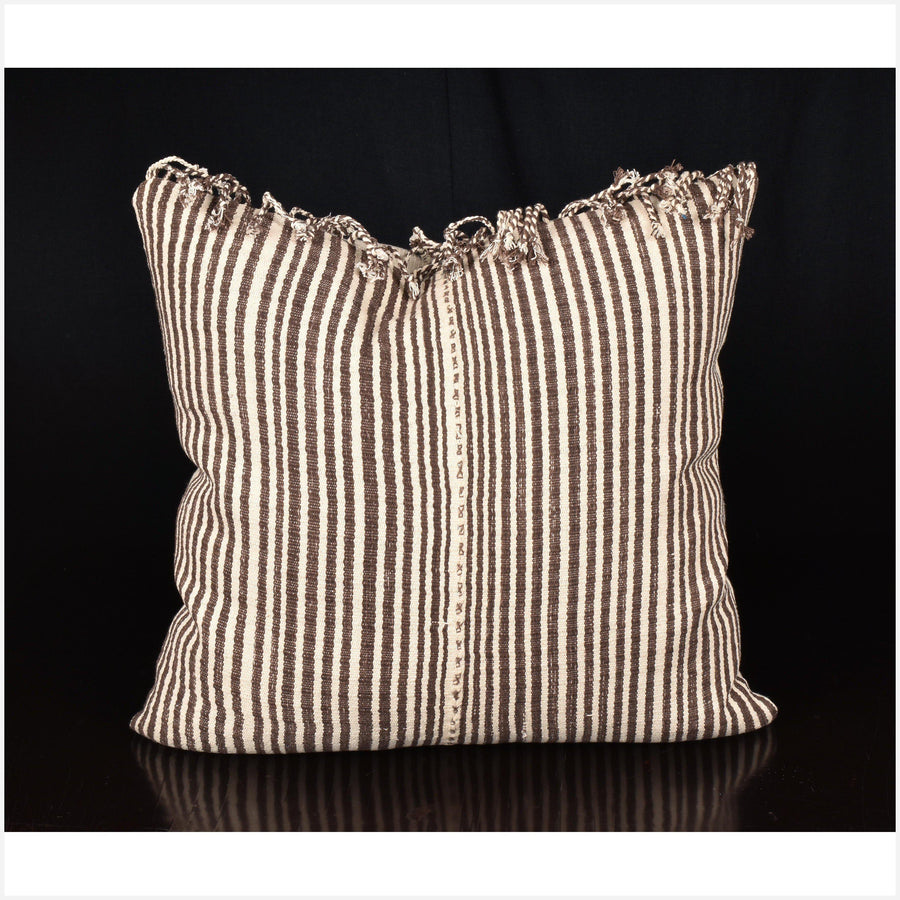 Karen ethnic stripe cushion Hmong pillow tribal decorative 19 in. square, tasseled, pillow handwoven cotton brown, off-white, striped natural organic dye OO39