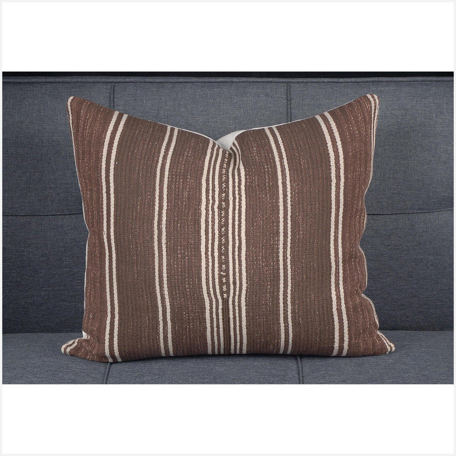 Karen ethnic stripe cushion Hmong pillow tribal decorative 20 in. pillow handwoven cotton brown, white, natural organic dye BN7