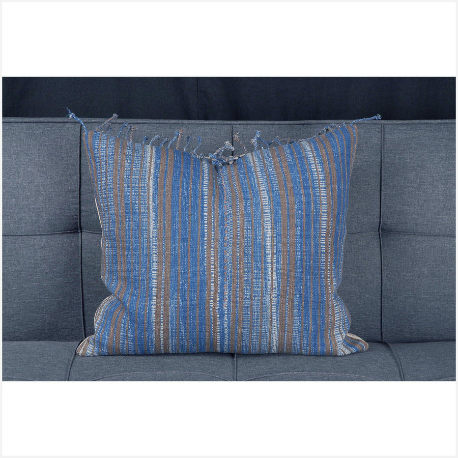 Karen ethnic stripe cushion Hmong pillow tribal decorative 20 in. pillow handwoven cotton off-white, blue, brown natural organic dye BN80