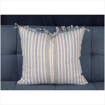 Karen ethnic stripe cushion Hmong pillow tribal decorative 20 in. pillow handwoven cotton off-white, blue, yellow natural organic dye BN15