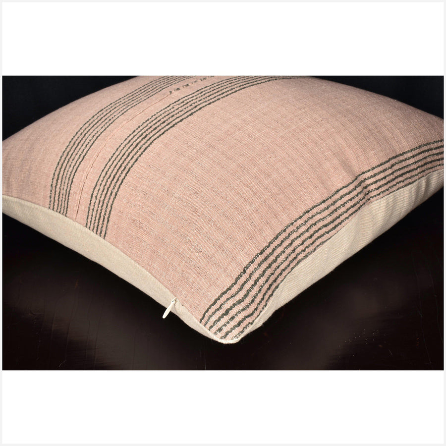 Karen ethnic stripe cushion Hmong pillow tribal decorative 20 in. square, pillow handwoven cotton blush, gray, striped natural organic dye OO50