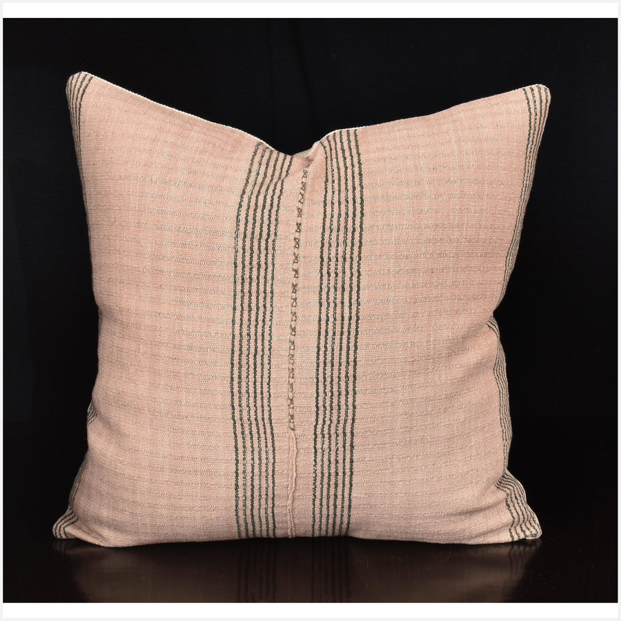 Karen ethnic stripe cushion Hmong pillow tribal decorative 20 in. square, pillow handwoven cotton blush, gray, striped natural organic dye OO50