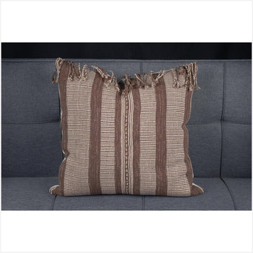 Karen ethnic stripe cushion Hmong pillow tribal decorative 20 in. square pillow handwoven cotton brown, off-white, tasseled natural organic dye BN4